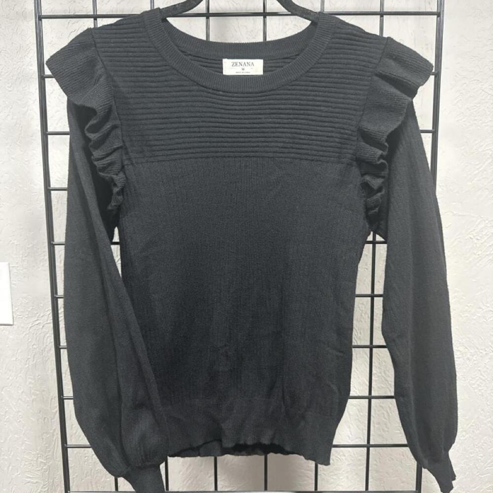 Zenana Black Ruffle Shoulder Long Sleeve Knit Sweater